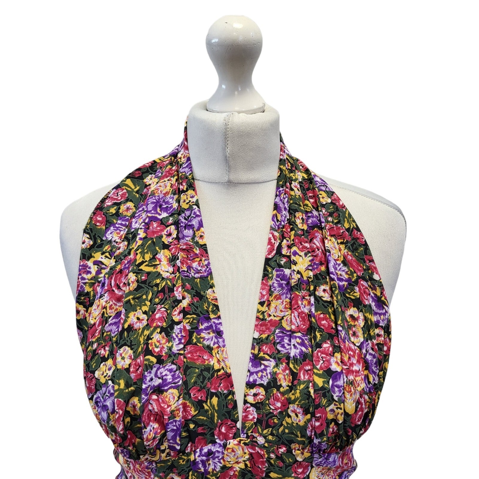 Tilers 90s Vintage Purple Floral Print Pleated Halterneck Dress Women's Size 10