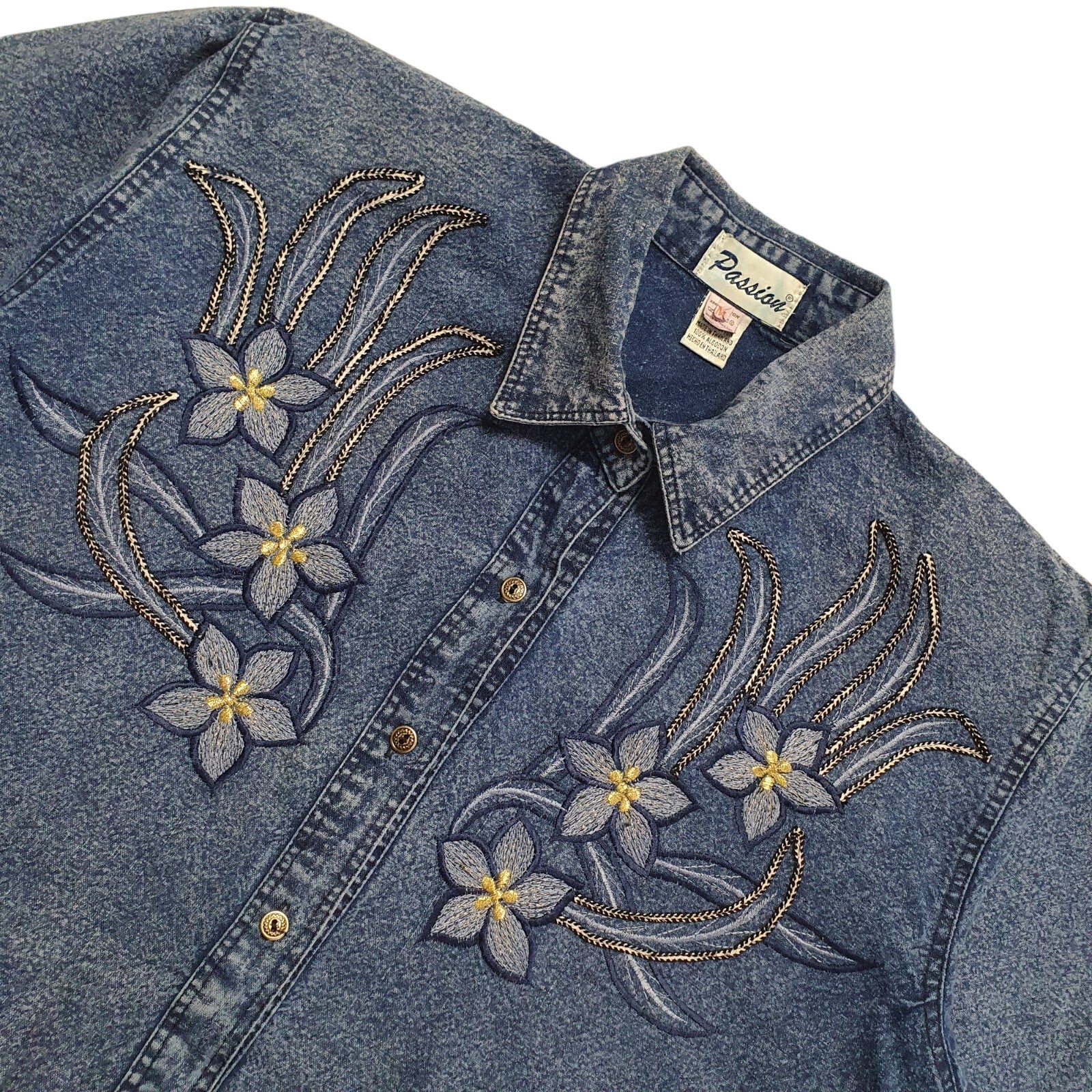 Passion Vintage 90's Blue Denim Floral Short Sleeve Shirt Womens UK Size M