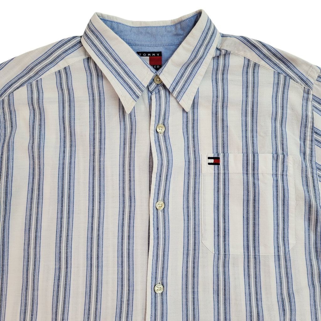 Tommy Hilfiger 90's White & Blue Striped Short Sleeve Shirt Uk Boy's Size L