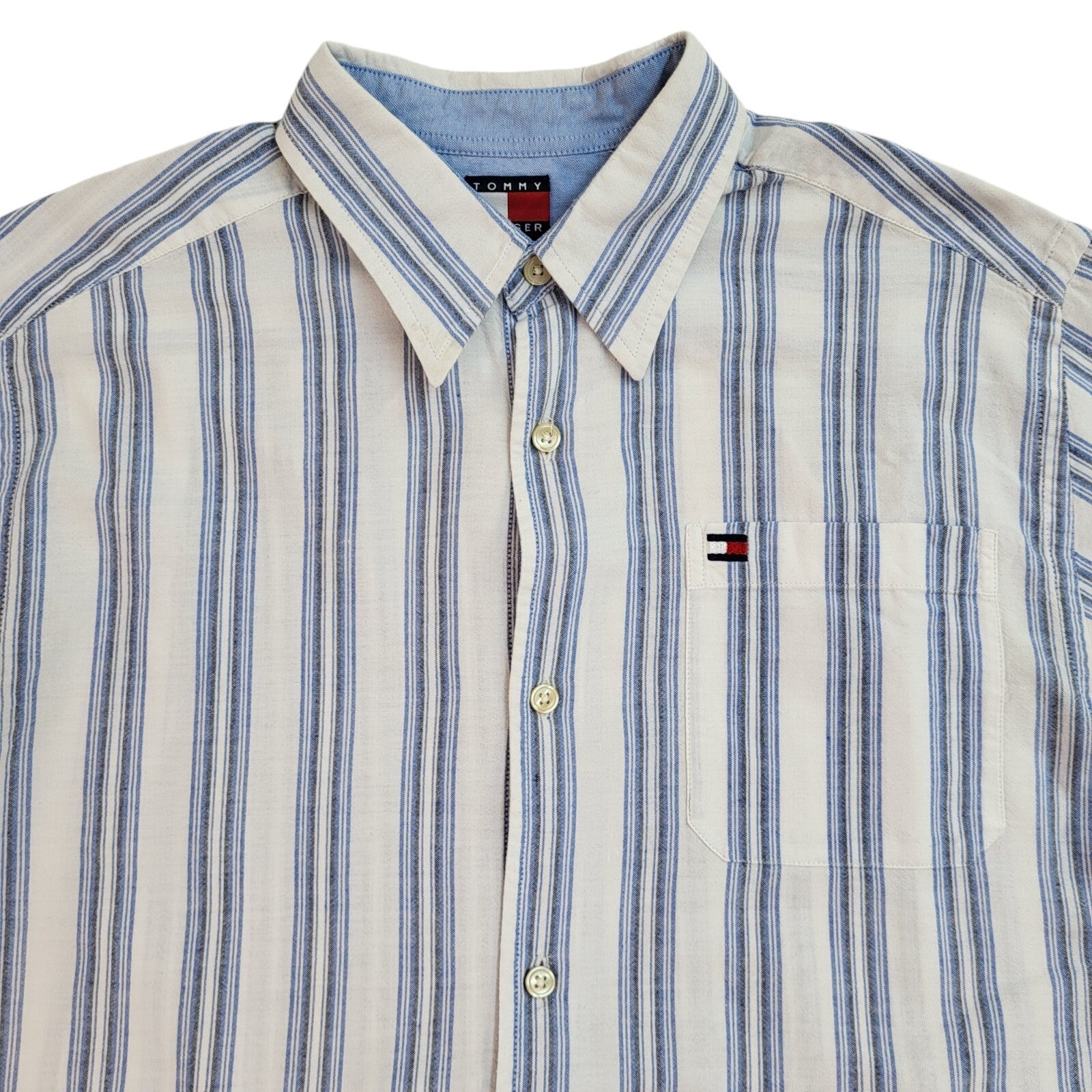 Tommy Hilfiger 90's White & Blue Striped Short Sleeve Shirt Uk Boy's Size L