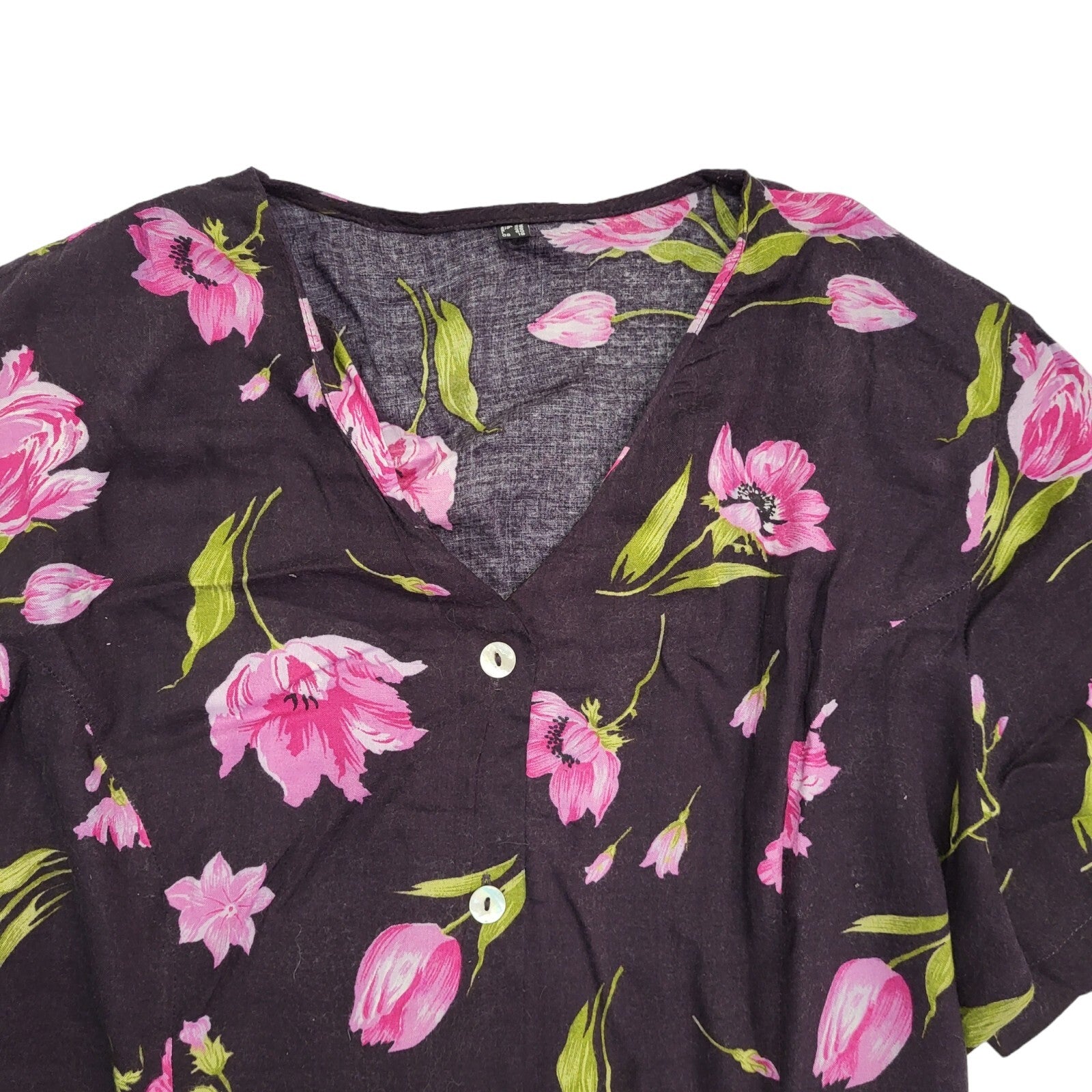 90s Vintage Black & Pink Floral Buttoned Daywear Dress Women's Size 18
