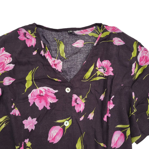 90s Vintage Black & Pink Floral Buttoned Daywear Dress Women's Size 18