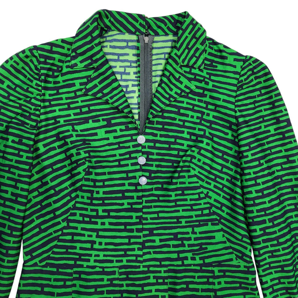 70s Vintage Green Abstract Collared Daywear Dress Women's 12