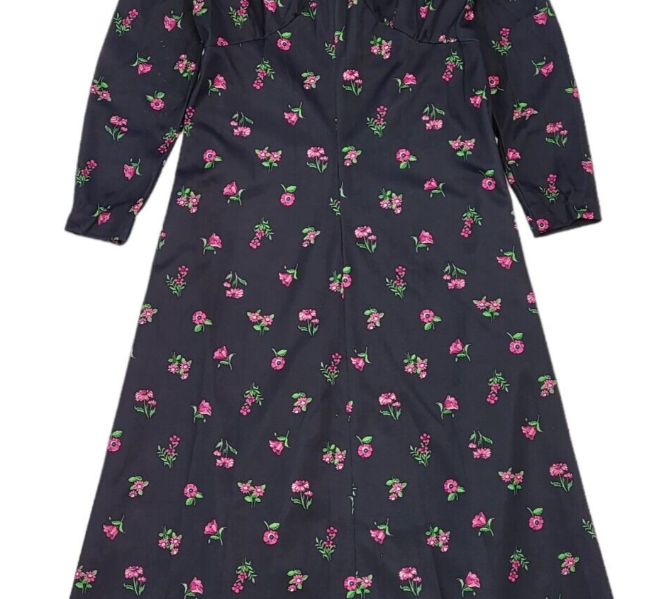 70s Vintage Black & Pink Floral Maxi Dress Women's Size 16 Eu 44