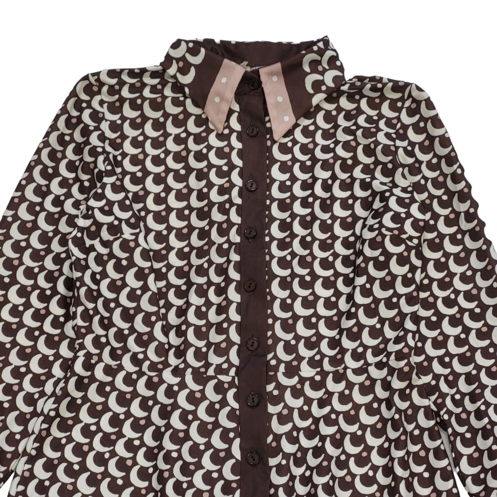 70s Vintage Brown & White Retro Patterned Dress Women's Size 10/12