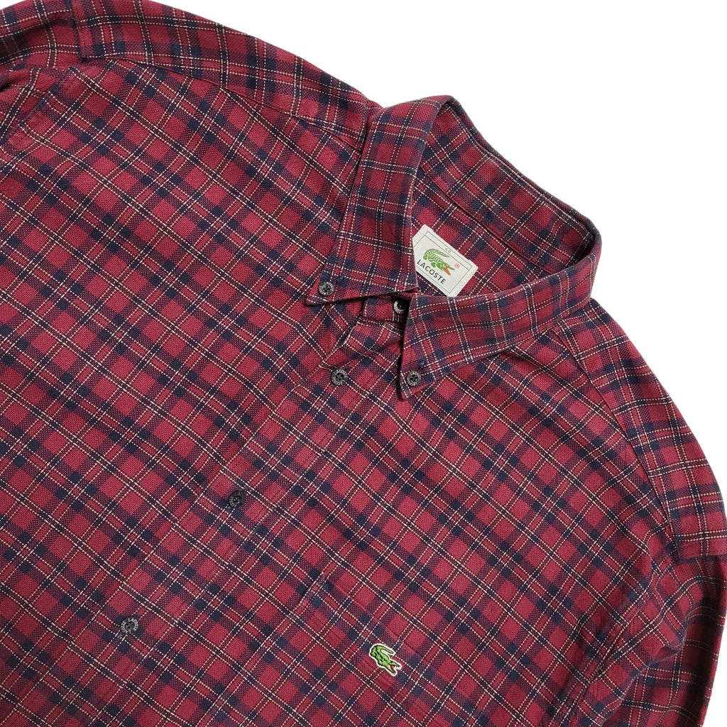Lacoste Vintage Y2K Burgundy & Blue Checked Long Sleeve Shirt Mens UK Size M
