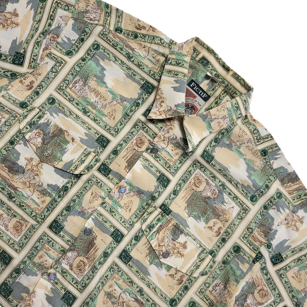 Fictif 90s Green Beige Abstract Short Sleeve Retro Shirt Uk Men's Size M