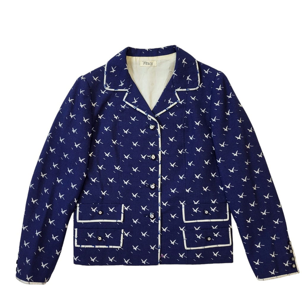 Felix 60s Vintage Blue & White Birds Button Up Women's Jacket Size 10