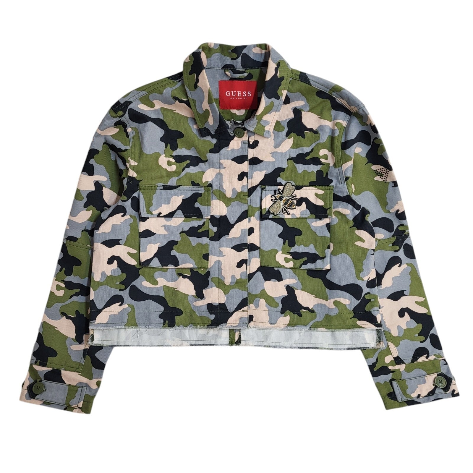 Guess Vintage Y2k Green Blue Camouflage Denim Jacket Uk Women's Size Small