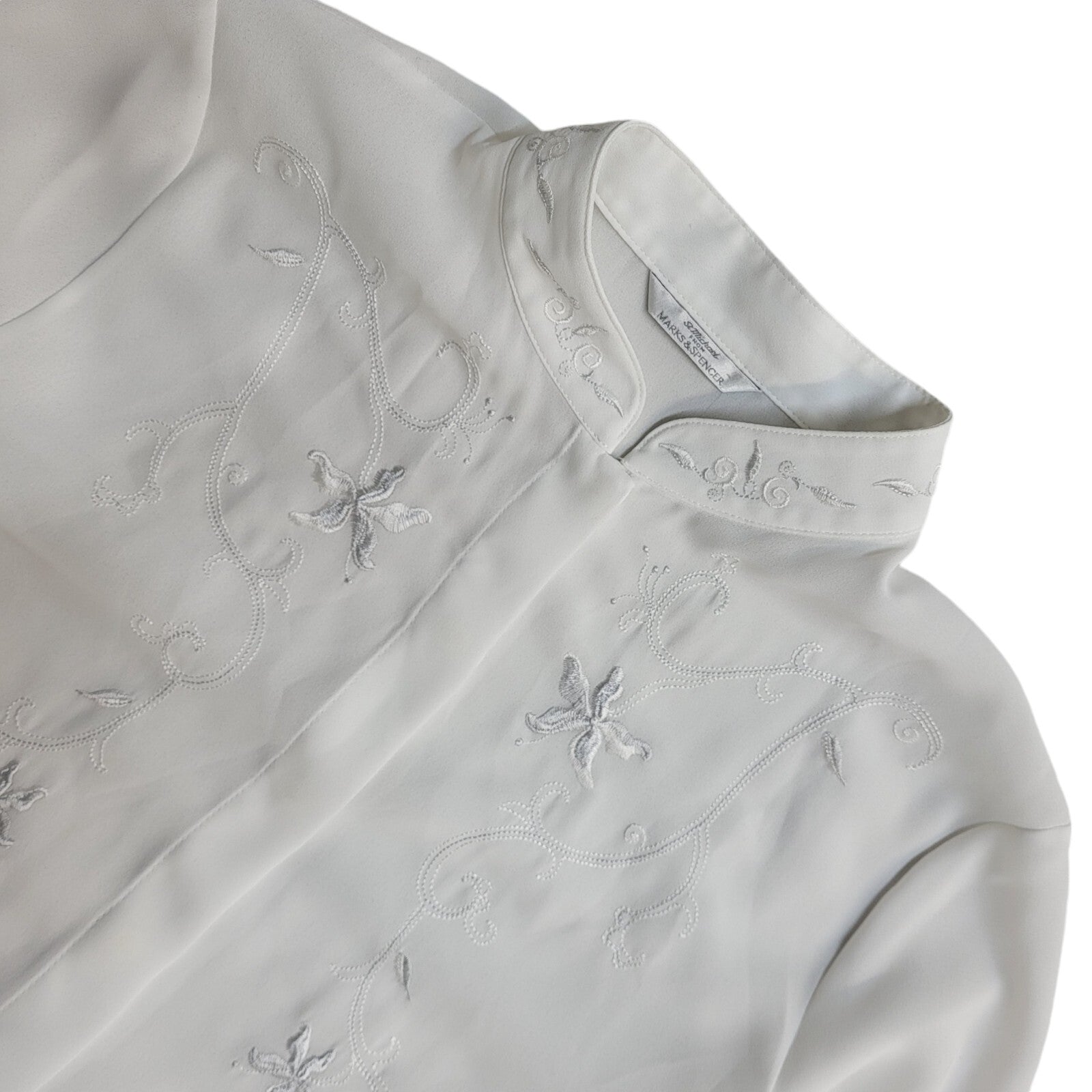 Marks and Spencer White 90's Long Sleeve Floral Embroidered Shirt Women's 14