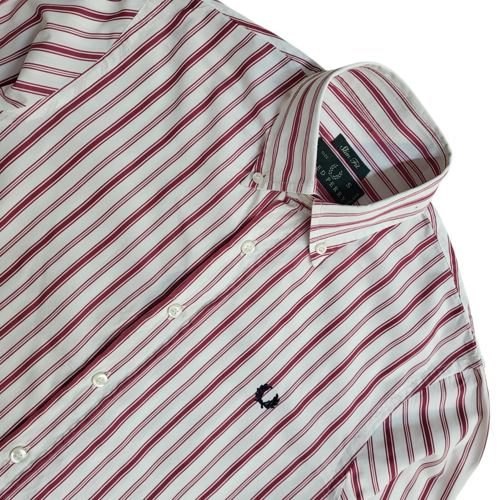 Fred Perry Vintage 90's Pink & White Striped Long Sleeve Shirt Men's UK S