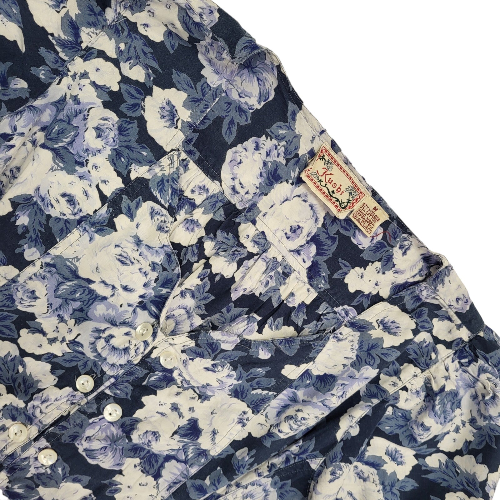 Kushi 90s Vintage Blue Floral Print Daywear Dress Women's Size M 10