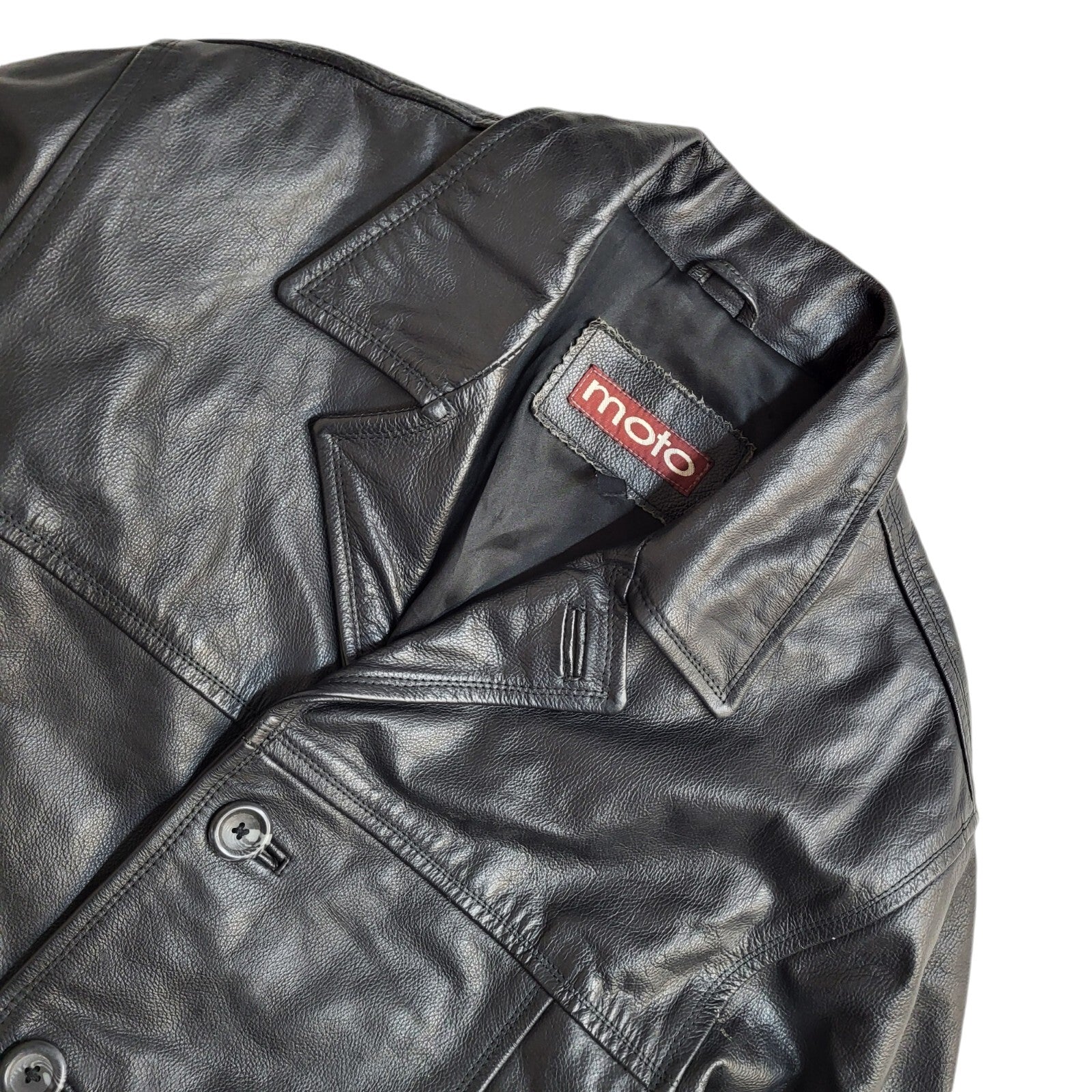 Moto Vintage 90's Black Button Leather Coat UK Men's Size Small