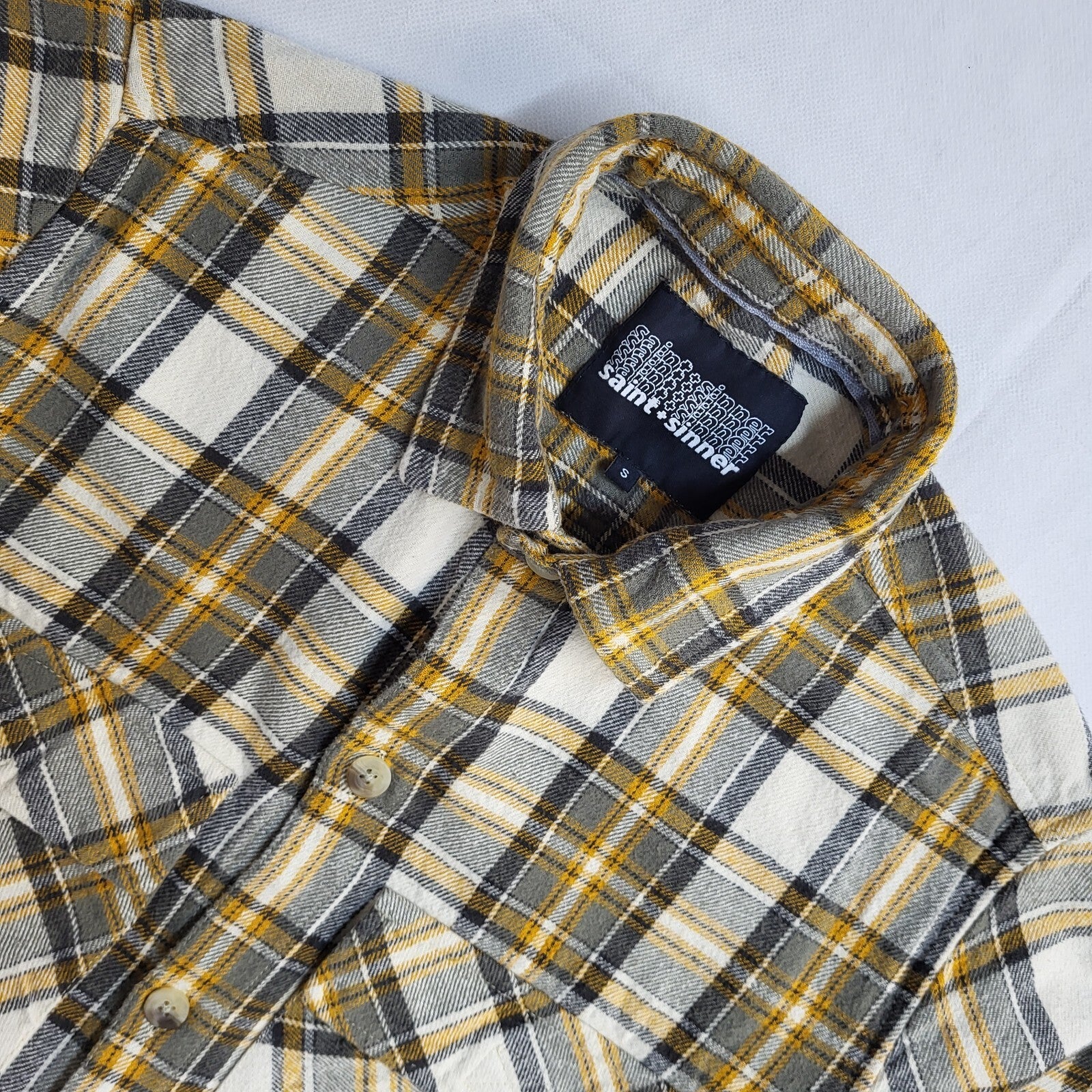Saint & sinner Vintage Yellow & Green Checked Long Sleeve Shirt UK Men's Size  S