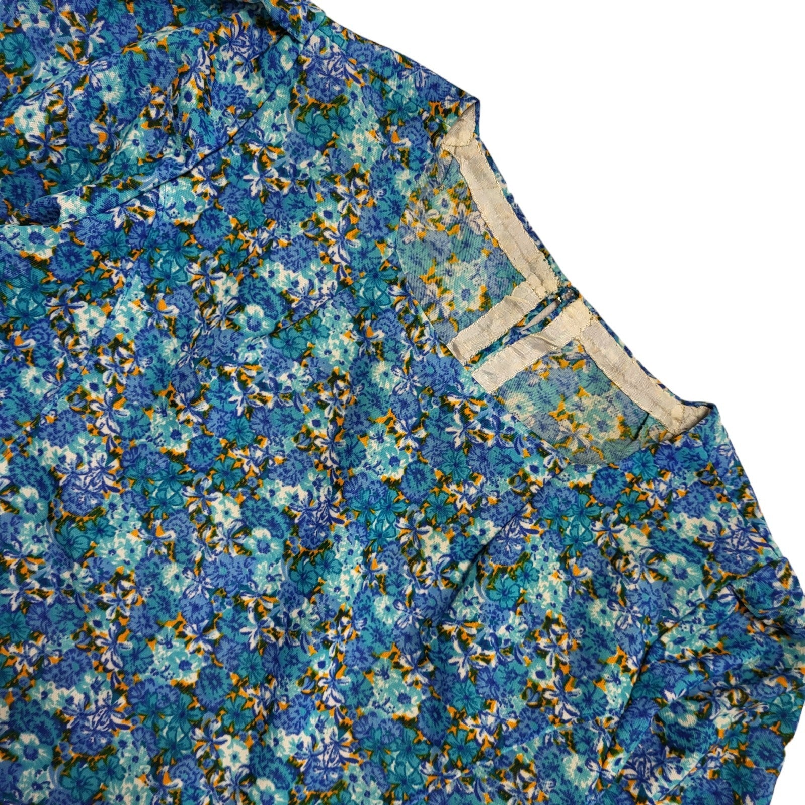 Vintage 70s Blue Long Sleeve Floran Shirt Daywear Dress Uk Women's Size 12