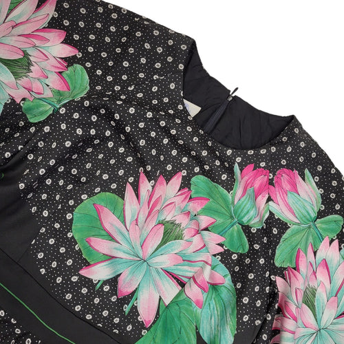 70s Vintage Black & Green Flutter Sleeve Floral Maxi Dress Women's 14