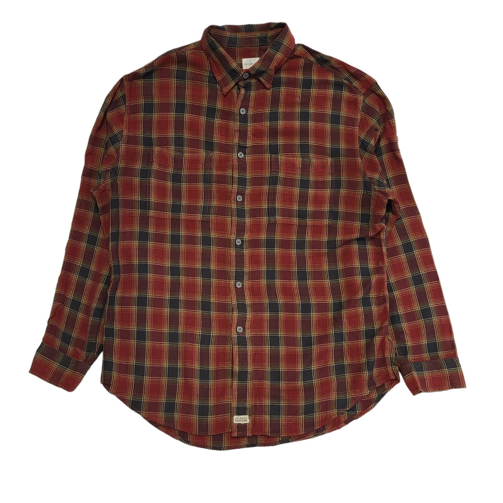 Calvin Klein 90's Red & Black Plaid Long Sleeve Shirt Mens UK M