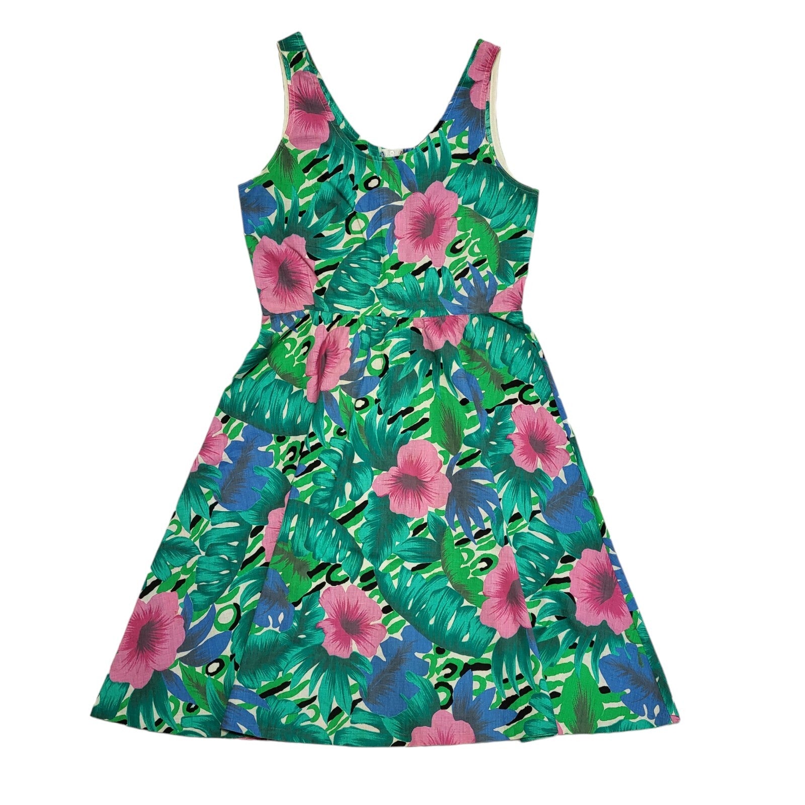 Vintage 80'sGreen Pink Floral Daywear Dress Uk Women's Size 14