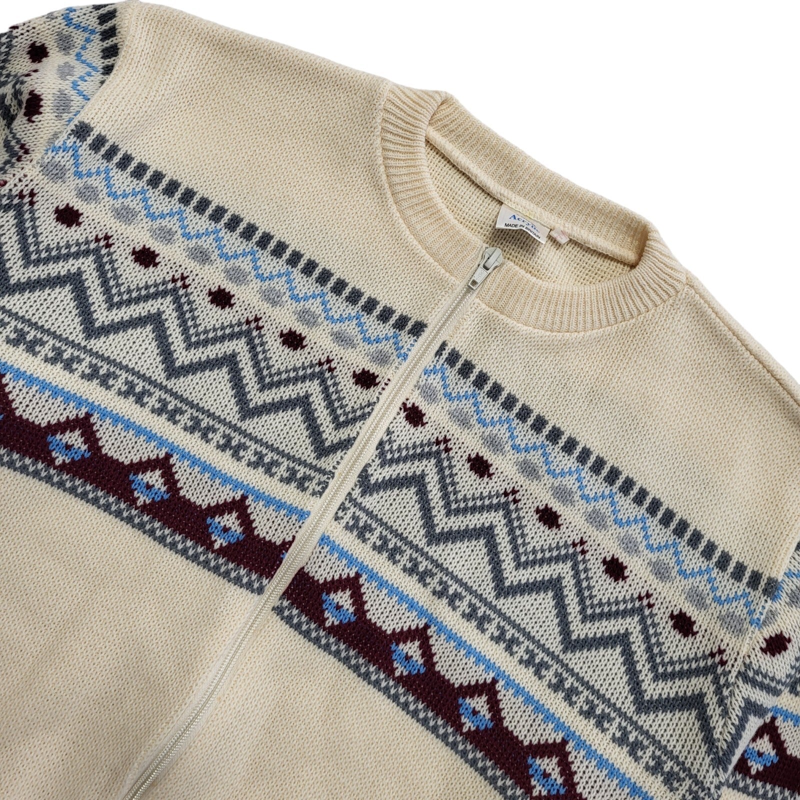 80s Vintage Cream & Brown Zipped Cardigan Uk Women's Size Large