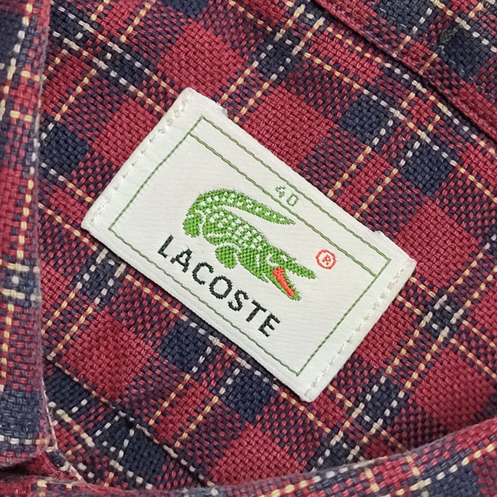 Lacoste Vintage Y2K Burgundy & Blue Checked Long Sleeve Shirt Mens UK Size M