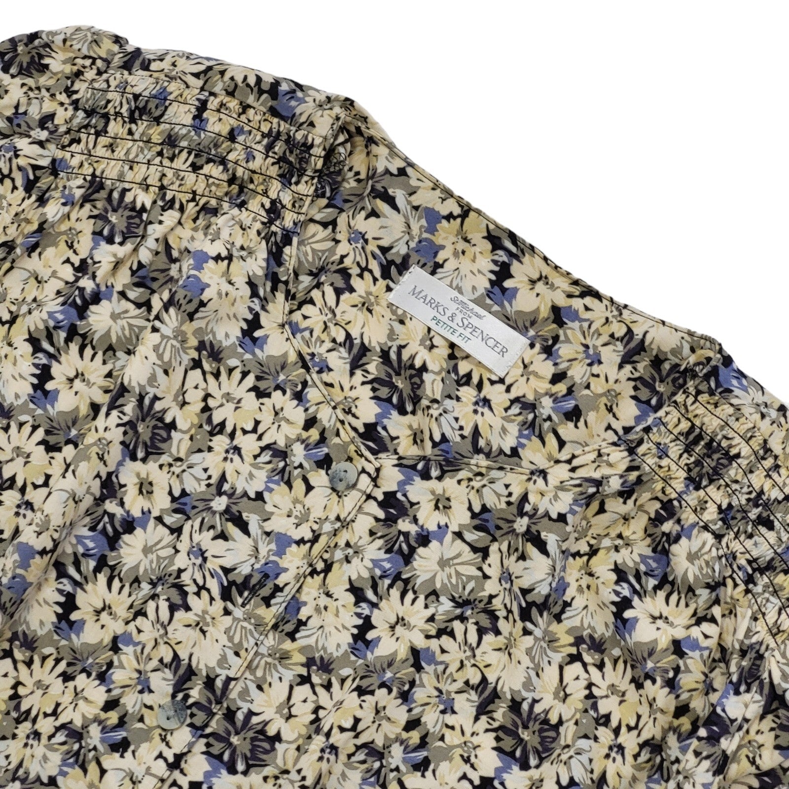 90s Vintage M&S Beige & Blue Floral Daywear Dress Women's Size 10/12