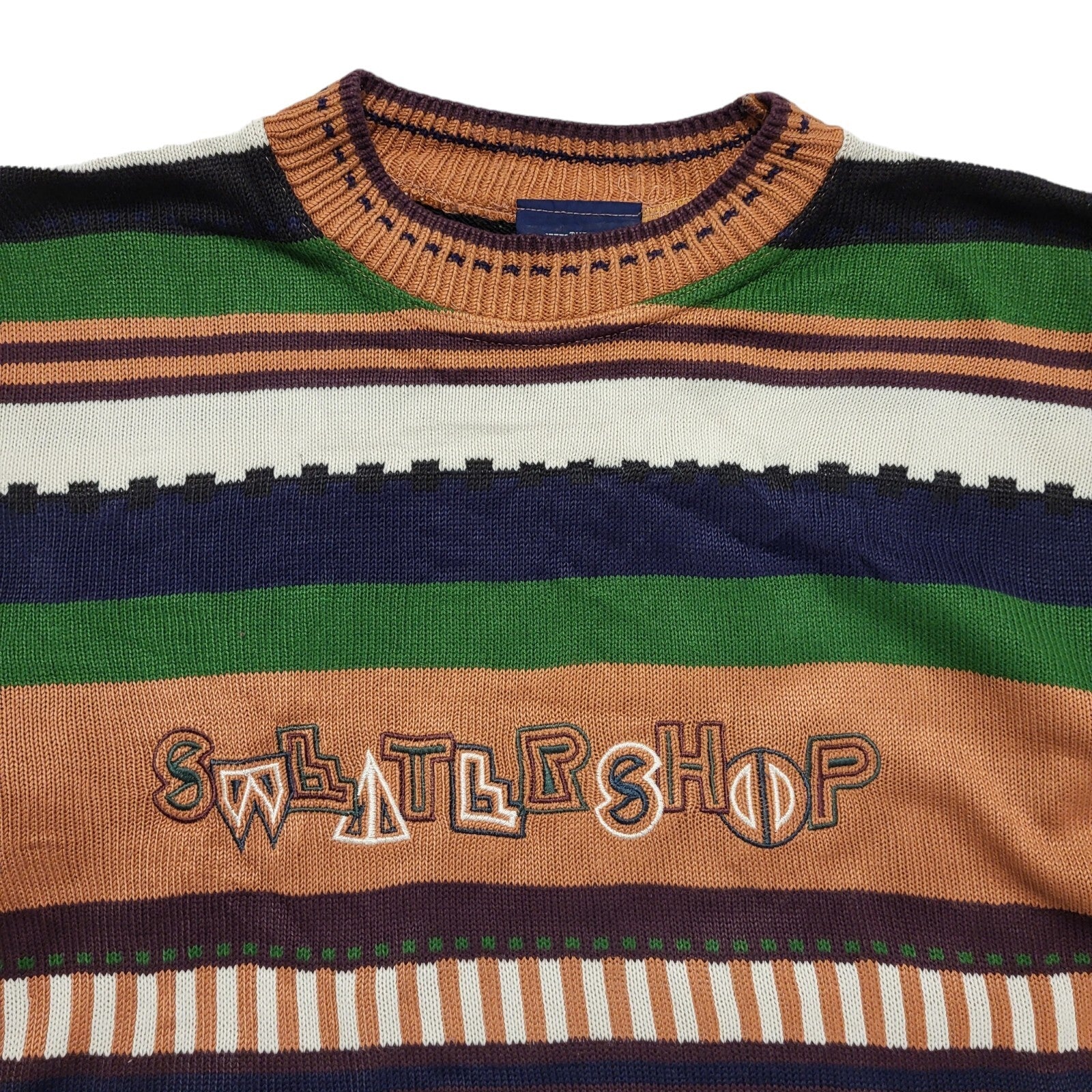 Sweater Shop 80s Coogi Vintage Green Brown Striped Jumper Uk Women's Size XL