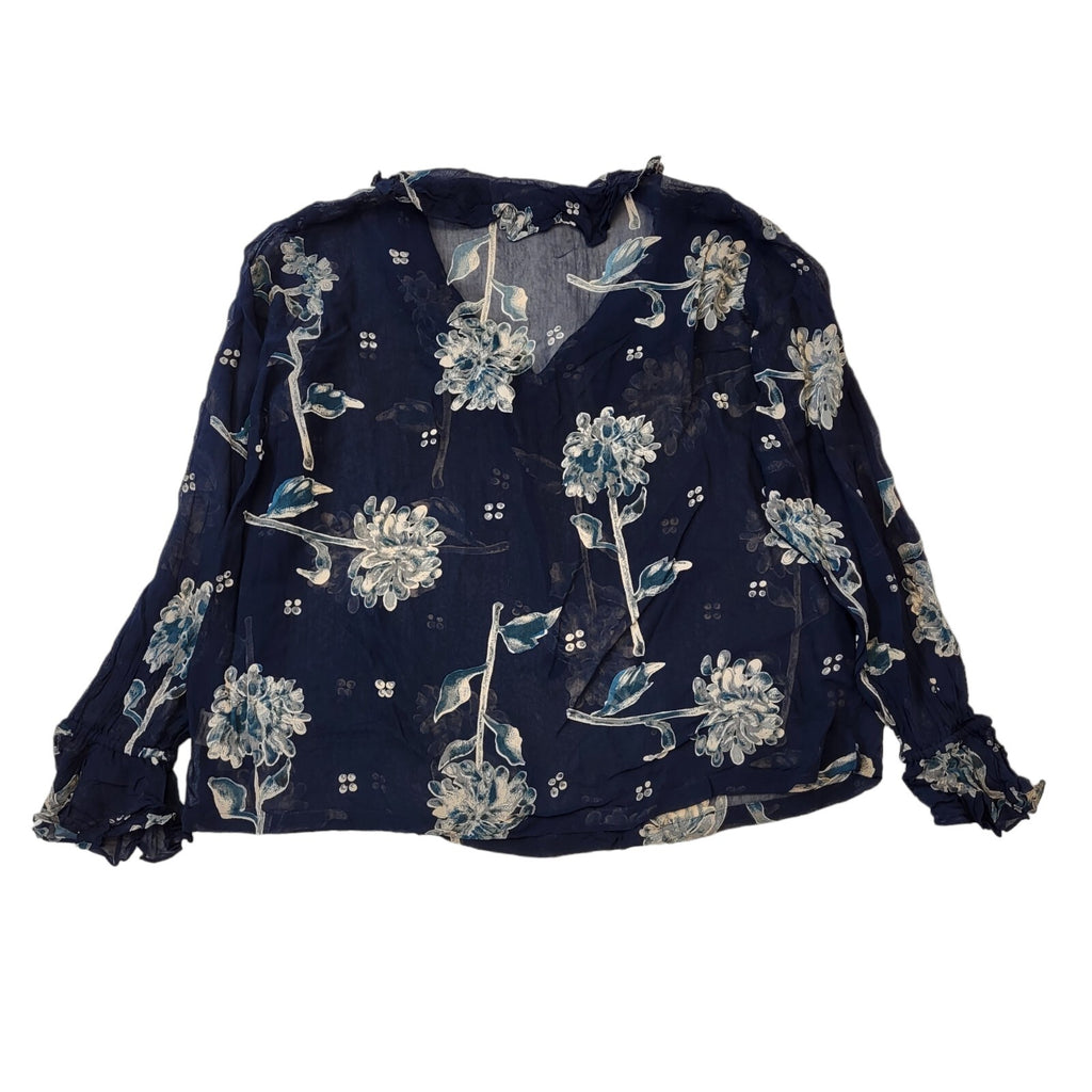 Monsoon 90s Vintage Blue Floral Print Long Sleeve Blouse Women's 14