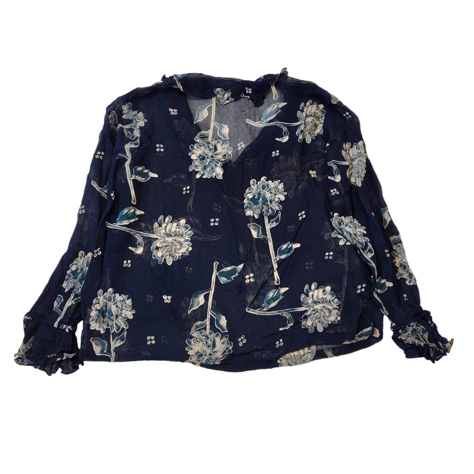 Monsoon 90s Vintage Blue Floral Print Long Sleeve Blouse Women's 14