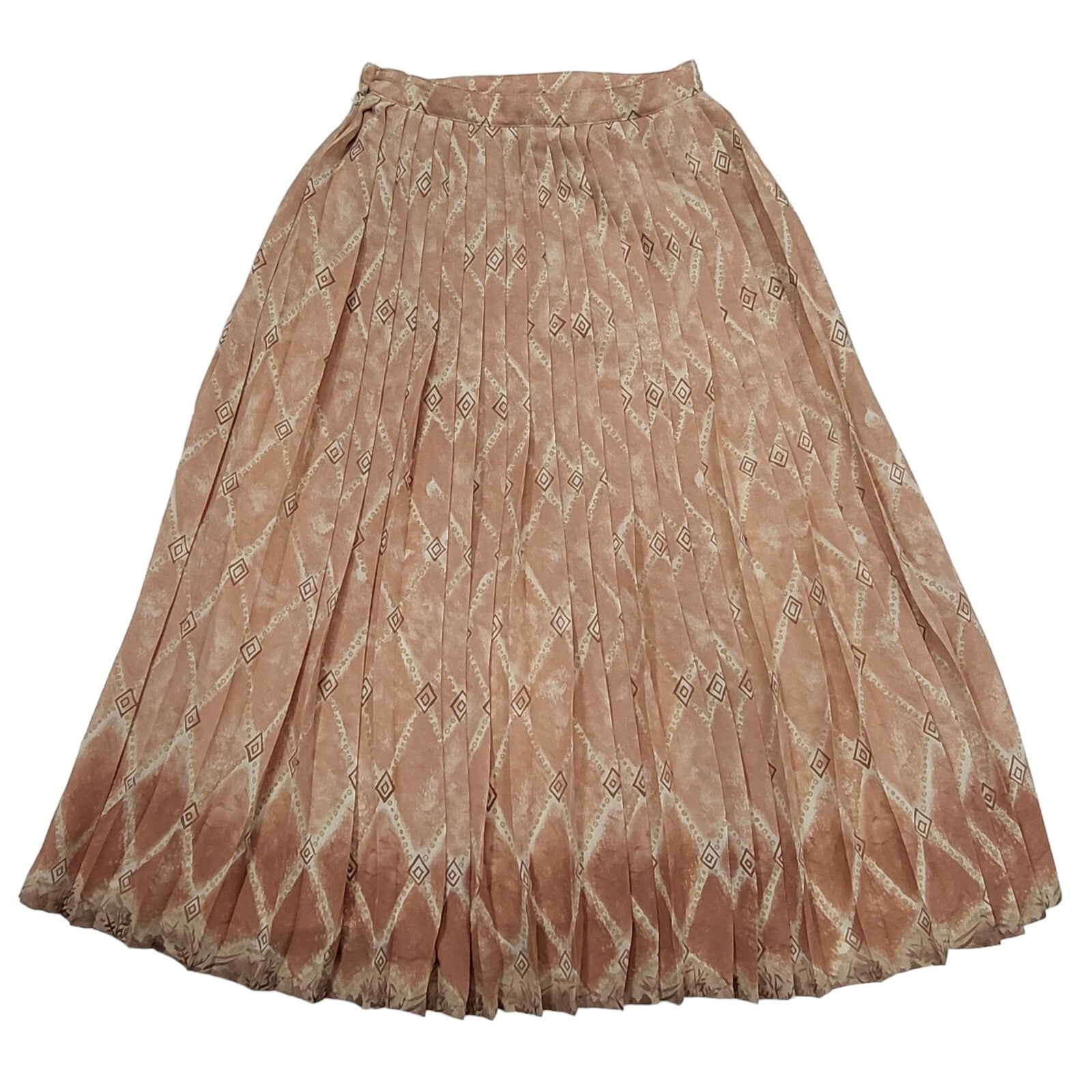 80's Vintage Beige Diamond Patterned Pleated Skirt Women's 8/10