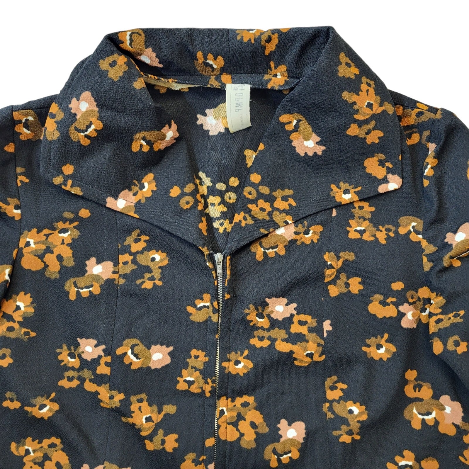 70s Vintage Brown Floral Collared Zip Dress Women's Size 14