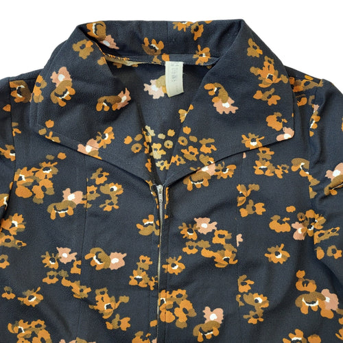 70s Vintage Brown Floral Collared Zip Dress Women's Size 14