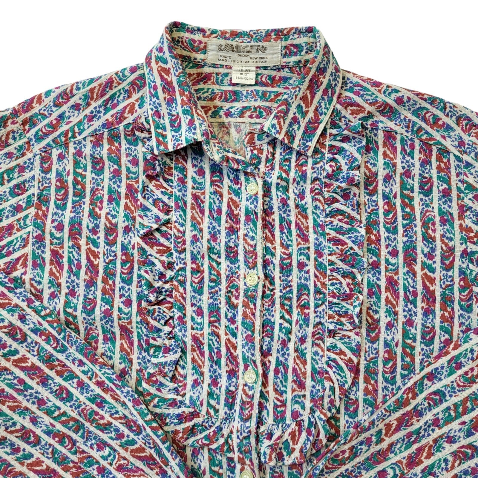 Jaeger 70s Vintage White, Red & Blue Floral Blouse Women's Size 8