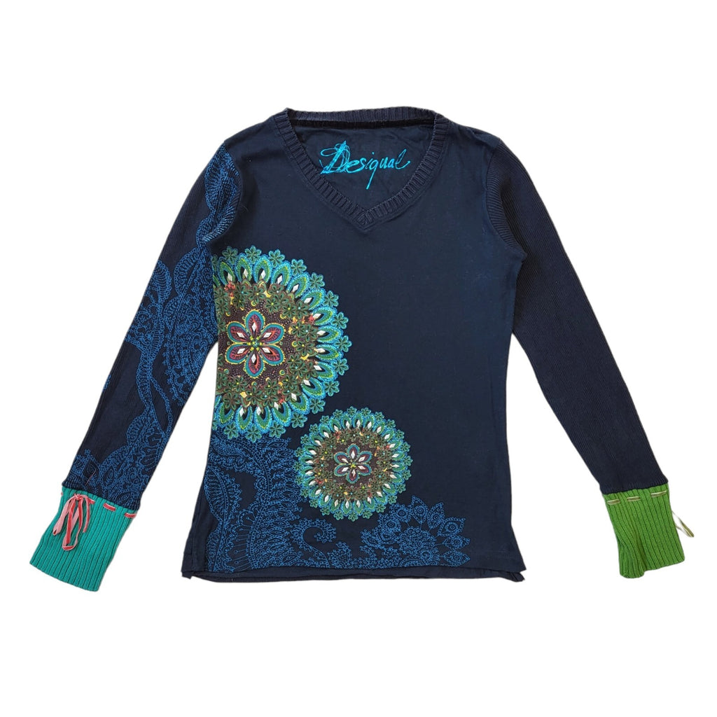 Desigual Y2K Navy Blue Floral V-Neck Jumper Vintage Women's Medium
