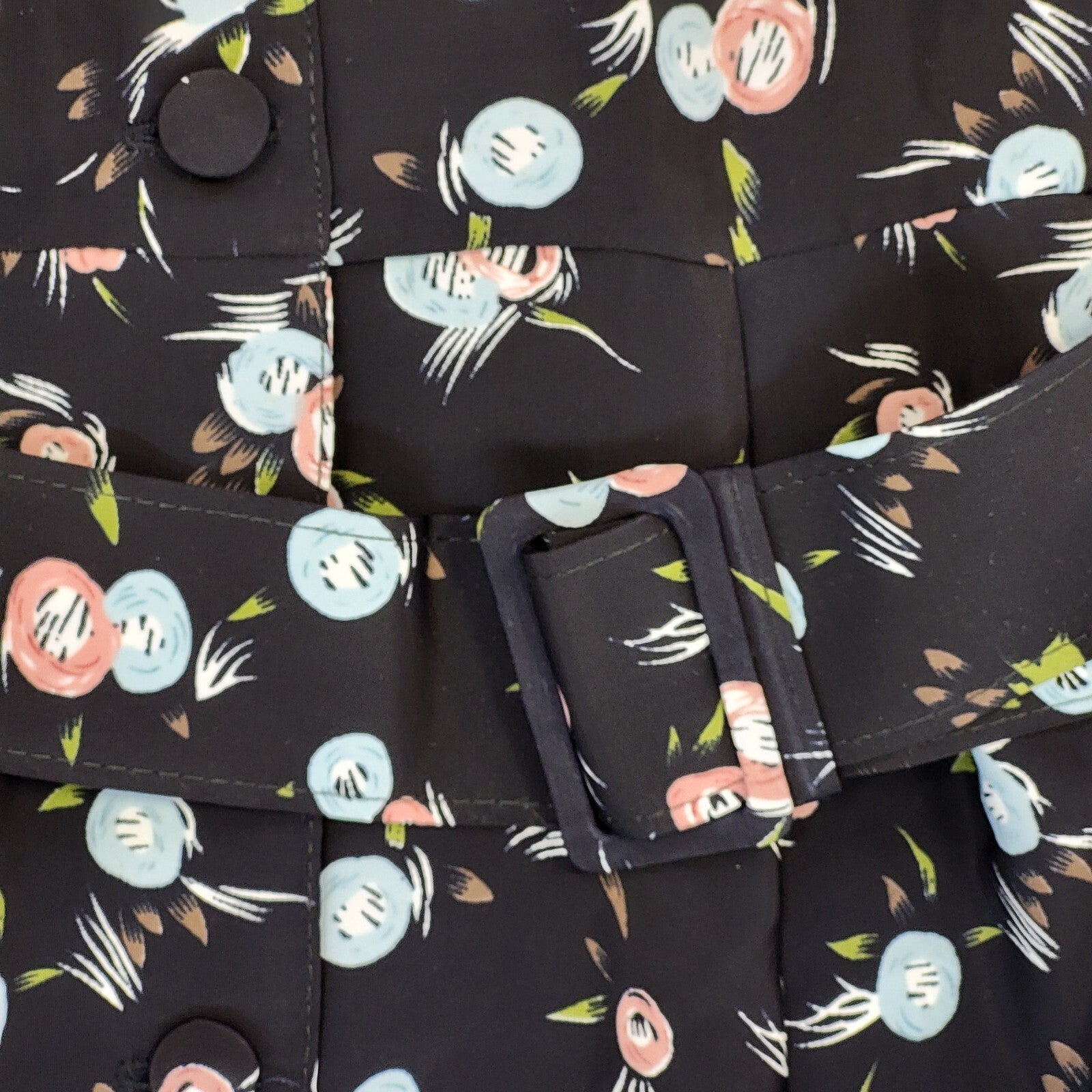 80s Vintage Cockney Rebel Black Floral Belted Daywear Dress Women's 12