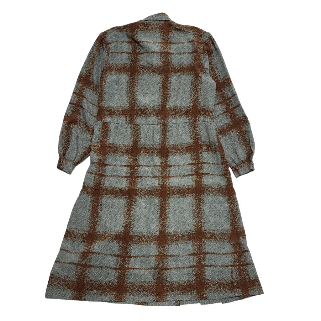80s Vintage Grey & Brown Check Collared & Pleated Dress Women's 12/14