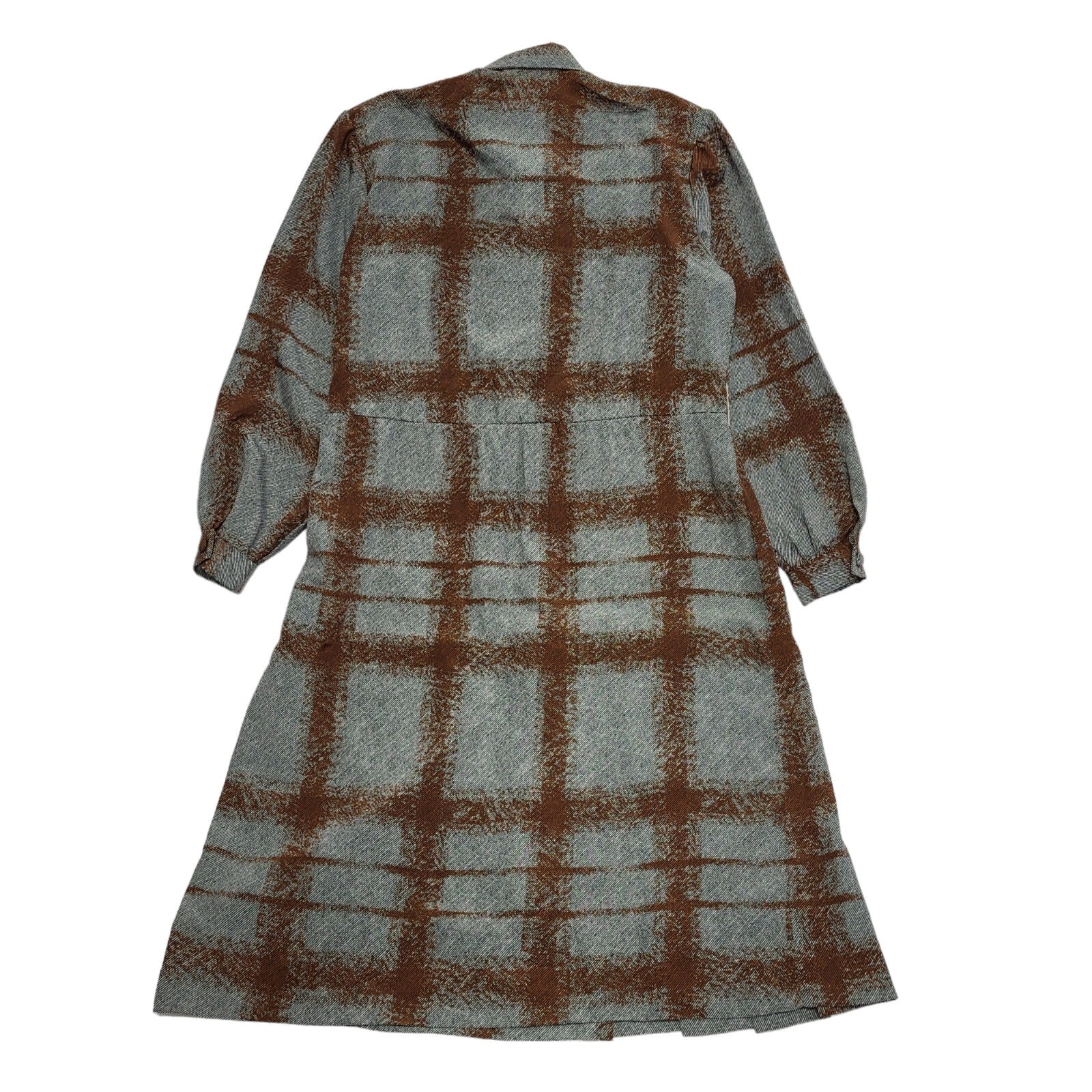 80s Vintage Grey & Brown Check Collared & Pleated Dress Women's 12/14