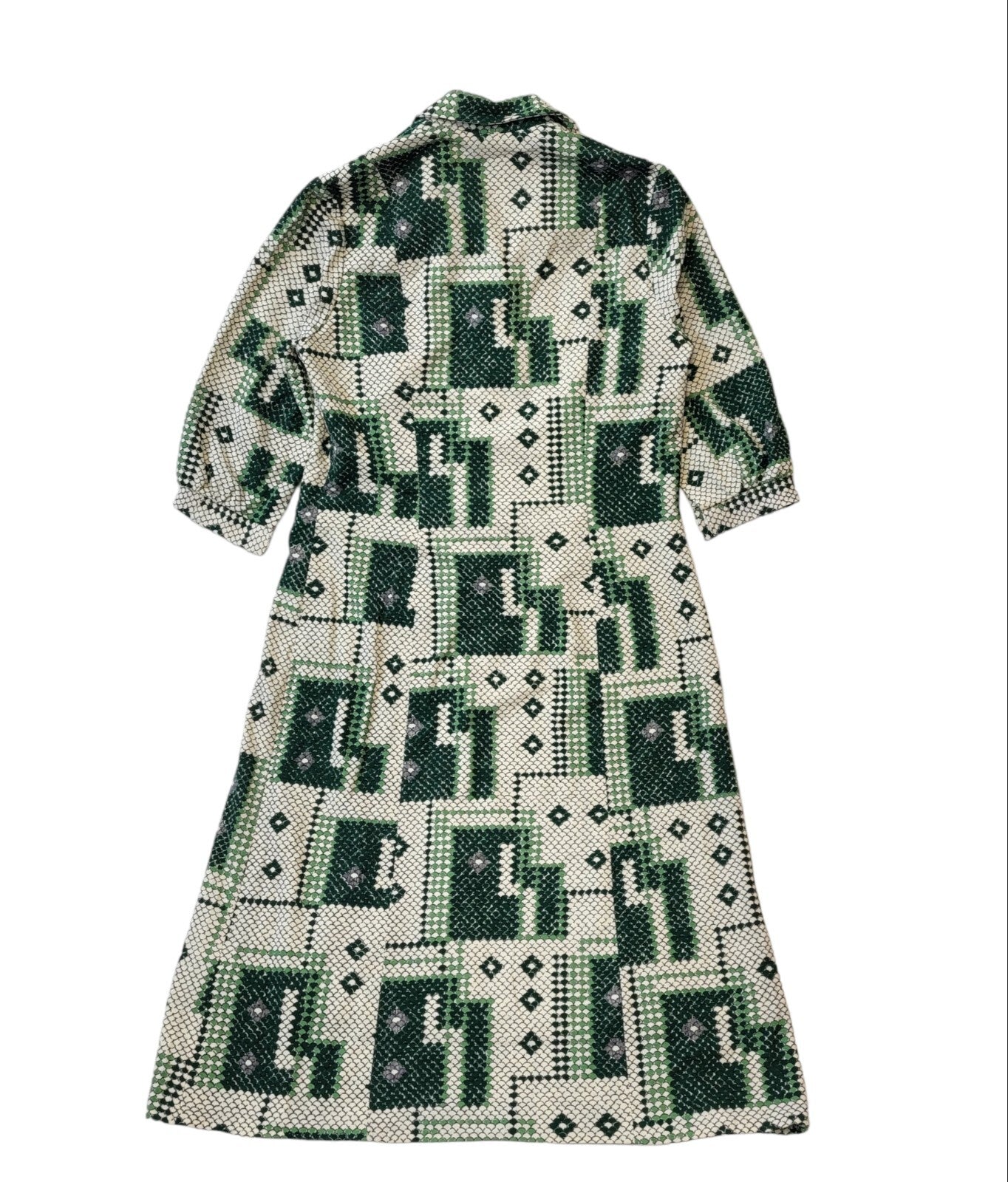 70s Vintage Green Geometric Buttoned Collared Daywear Dress Women's Size 14