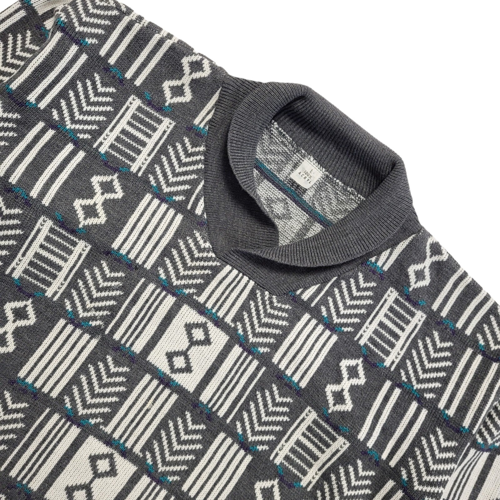 Vintage 80s Grey & White Geometric Collared Jumper Men's UK Large