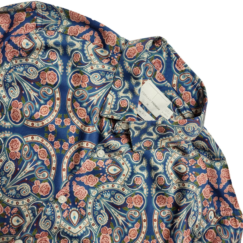 Topman Vintage Y2K Blue & Pink Floral Slim Fit Long Sleeve Shirt Mens UK M