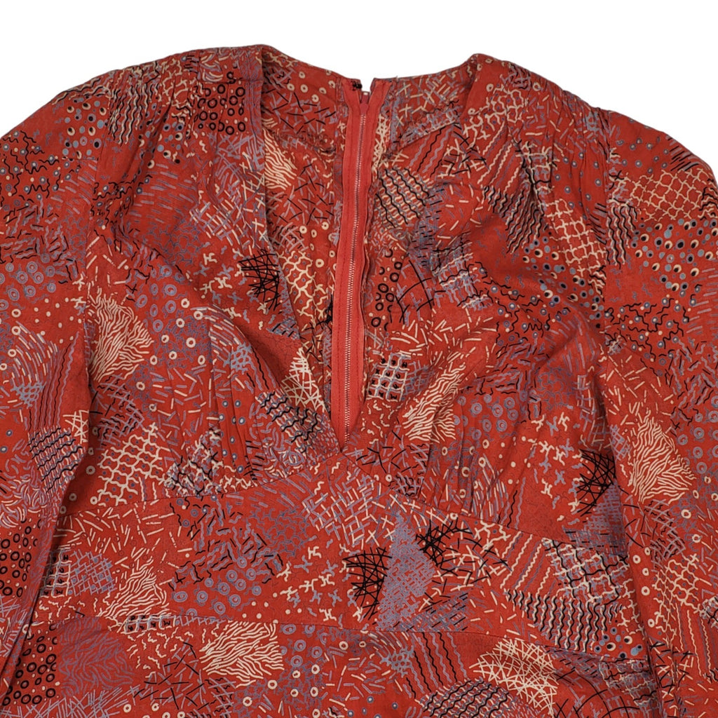 70s Vintage Red Patterned Cuffed Sleeve A-Line Maxi Dress Women's 12