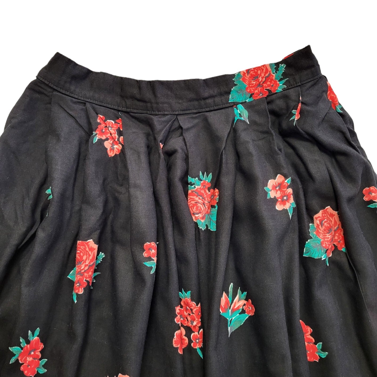 St Michael Vintage 80's Black & Red Floral Midi Skirt Womens UK Size 10 W26