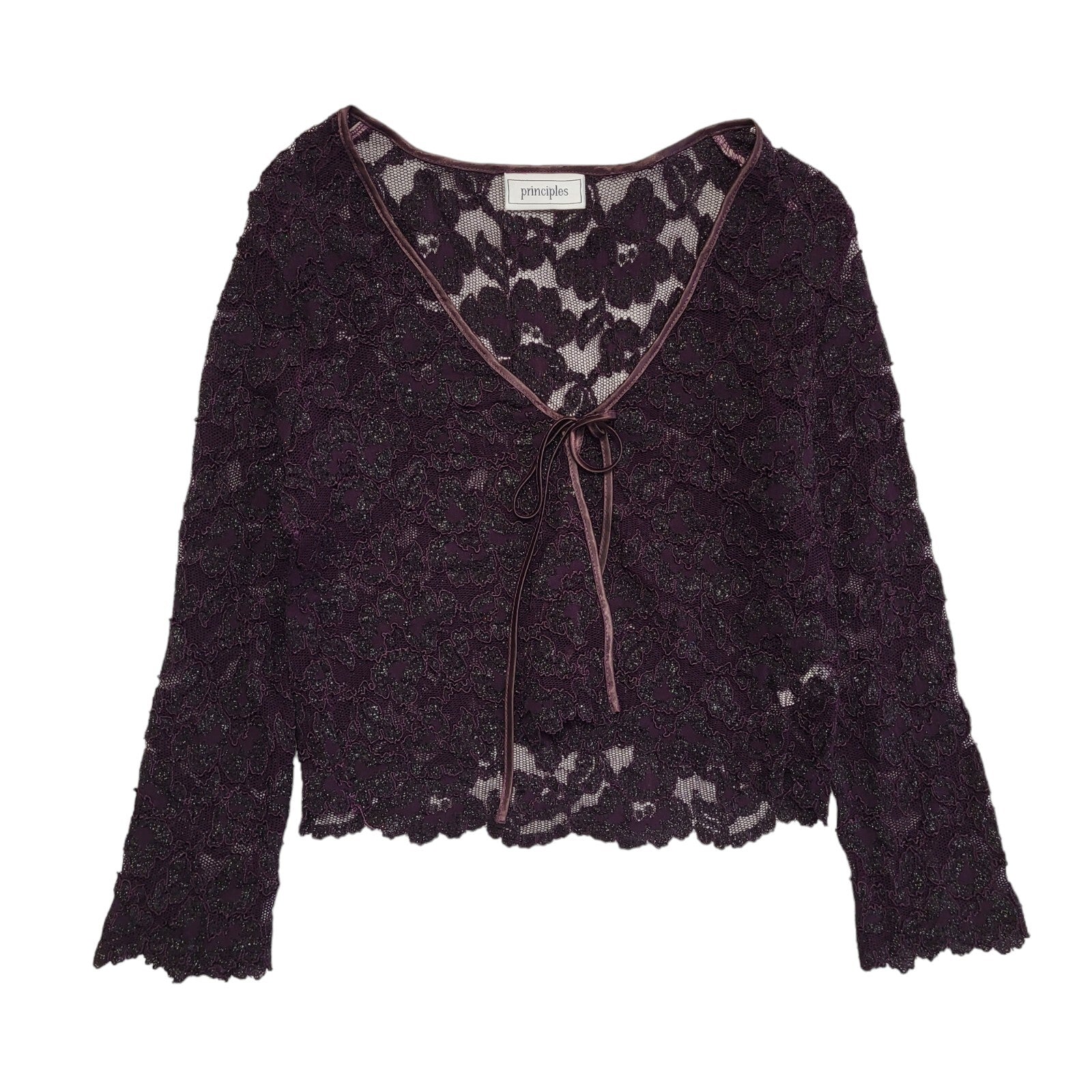 Principles Y2K Purple Floral Lace Tie Front Cardigan Womens UK Size 12