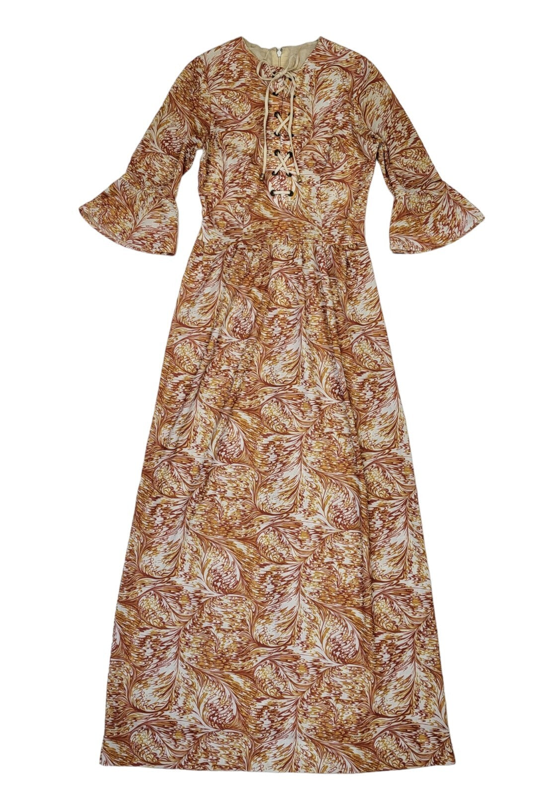 70s Vintage Orange & White Patterned Maxi Dress Women's Size 6