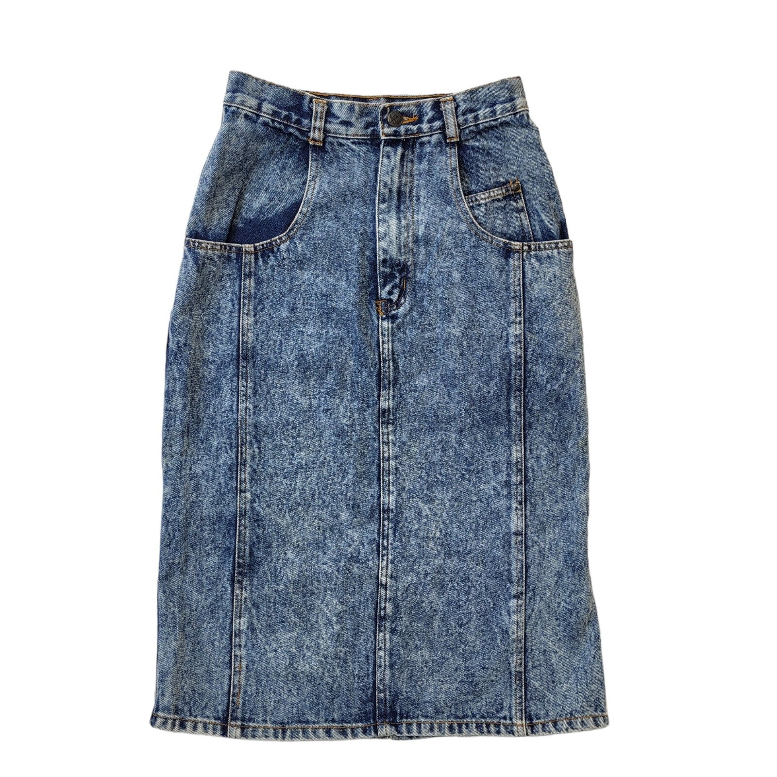 Walker Wear 80s Vintage Blue Acid Wash Midi Denim Skirt Women's Size 8 EU 36 W26