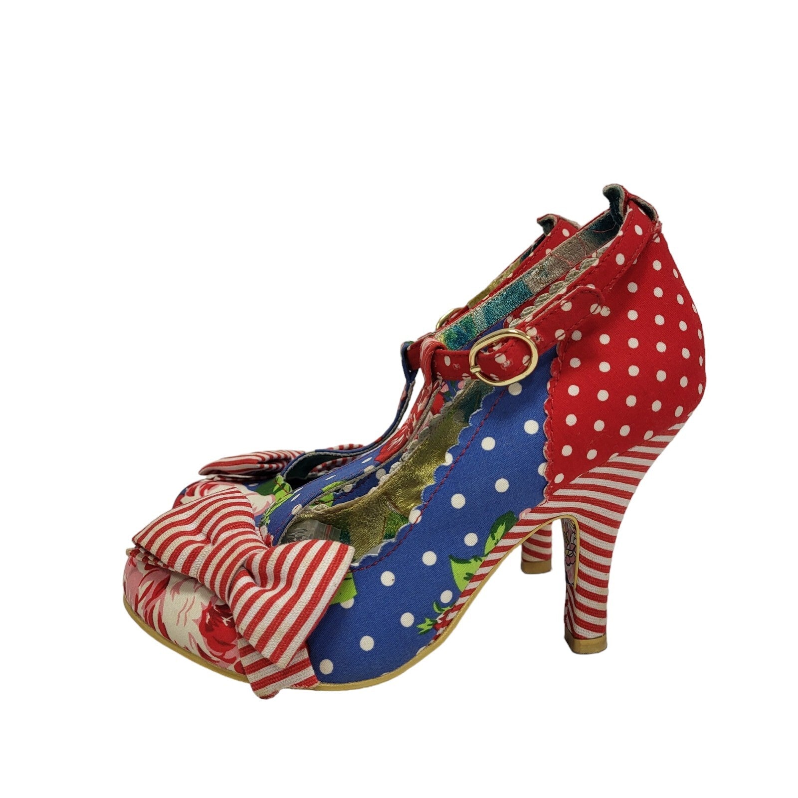 Vintage style Red Blue Floral T-bar Heels  Shoes Uk 4 Eu 36