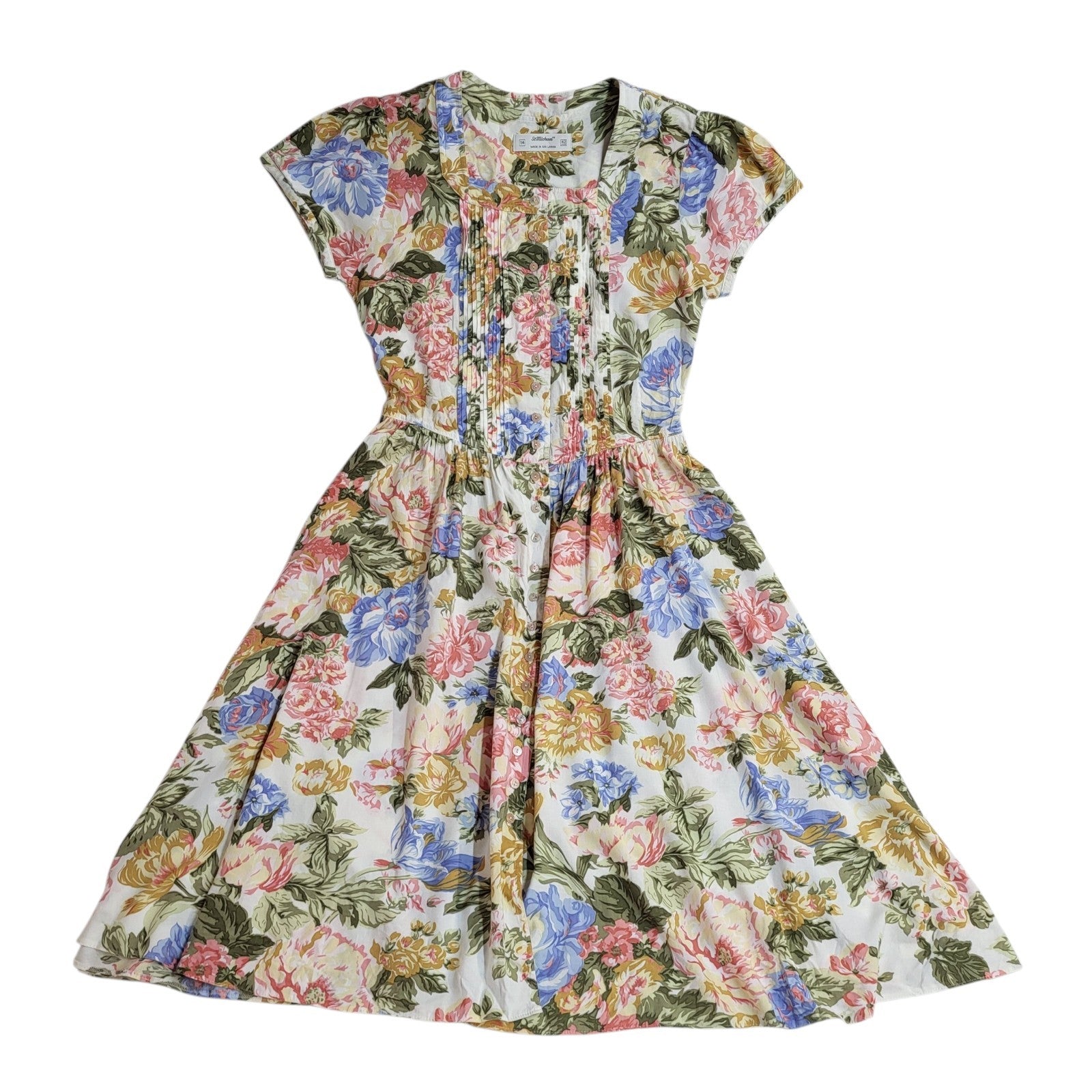 St Michael 80s Vintage Fit & Flare Floral Print Dress Women's Size 14
