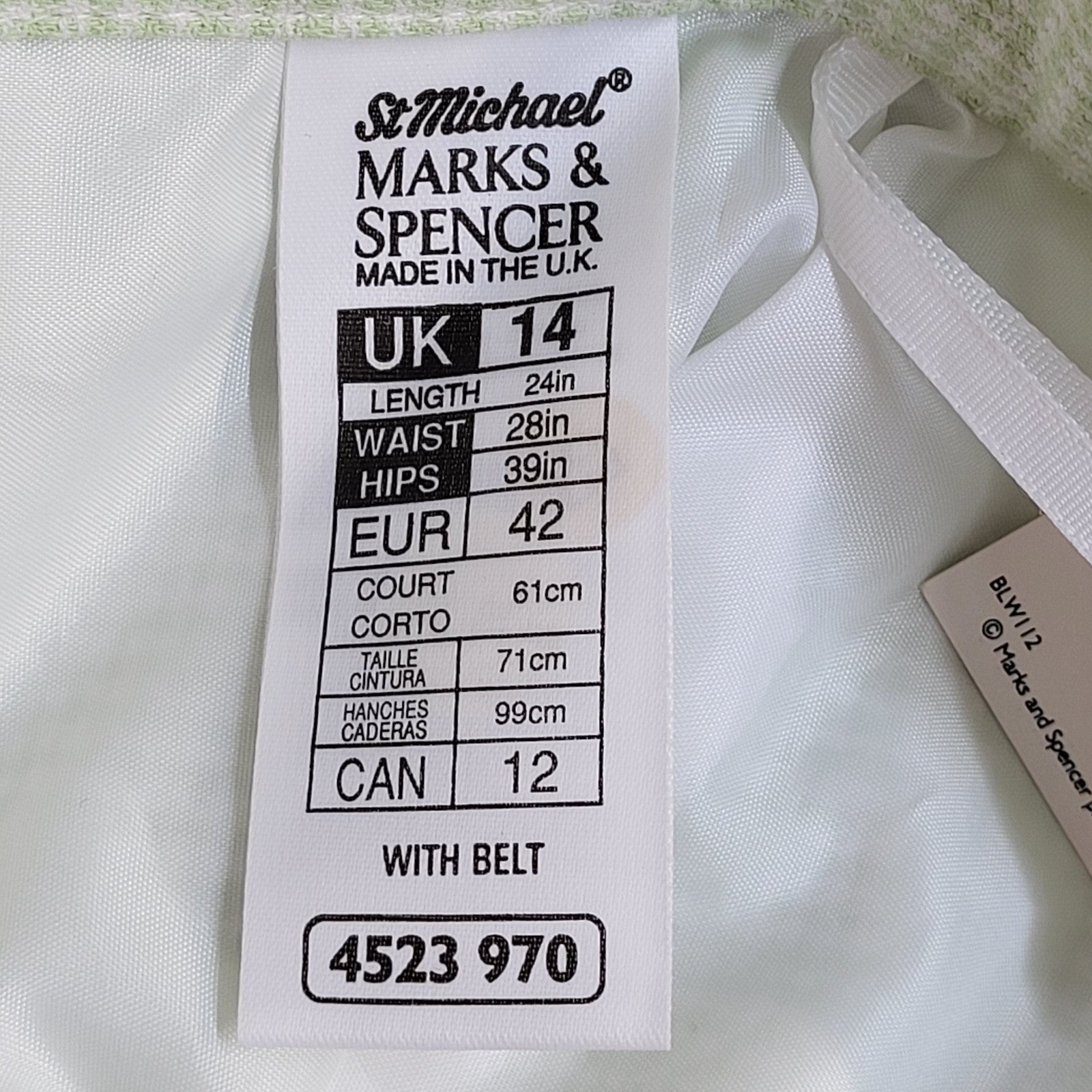 M & S 70s Skirt Pencil Green White Check Belt BNWT Women's Size M 10 W28