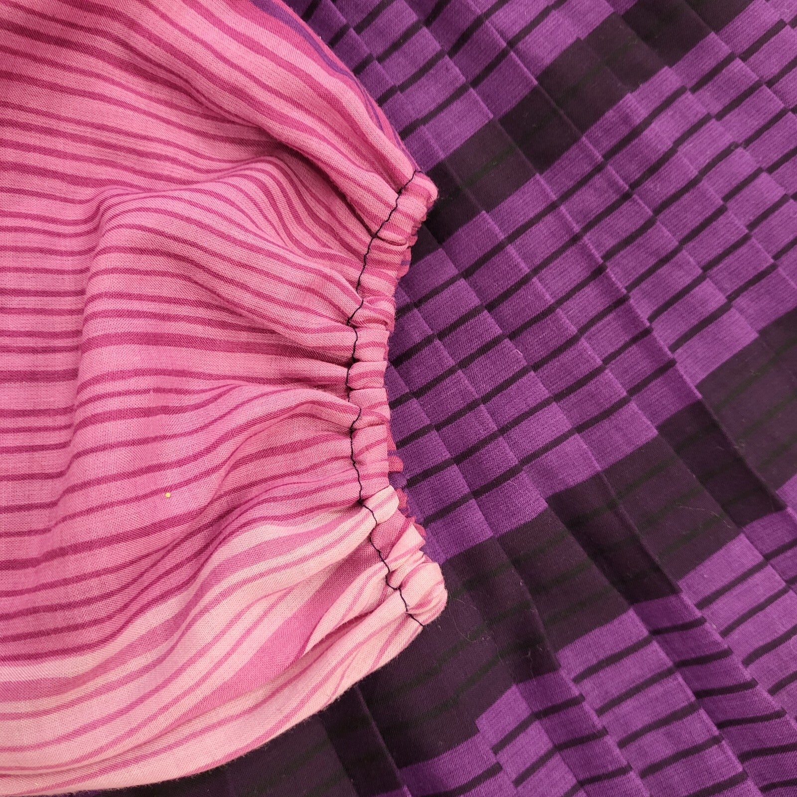 80s Purple Striped V-Neck Balloon Sleeve Pleated Dress Women's 12