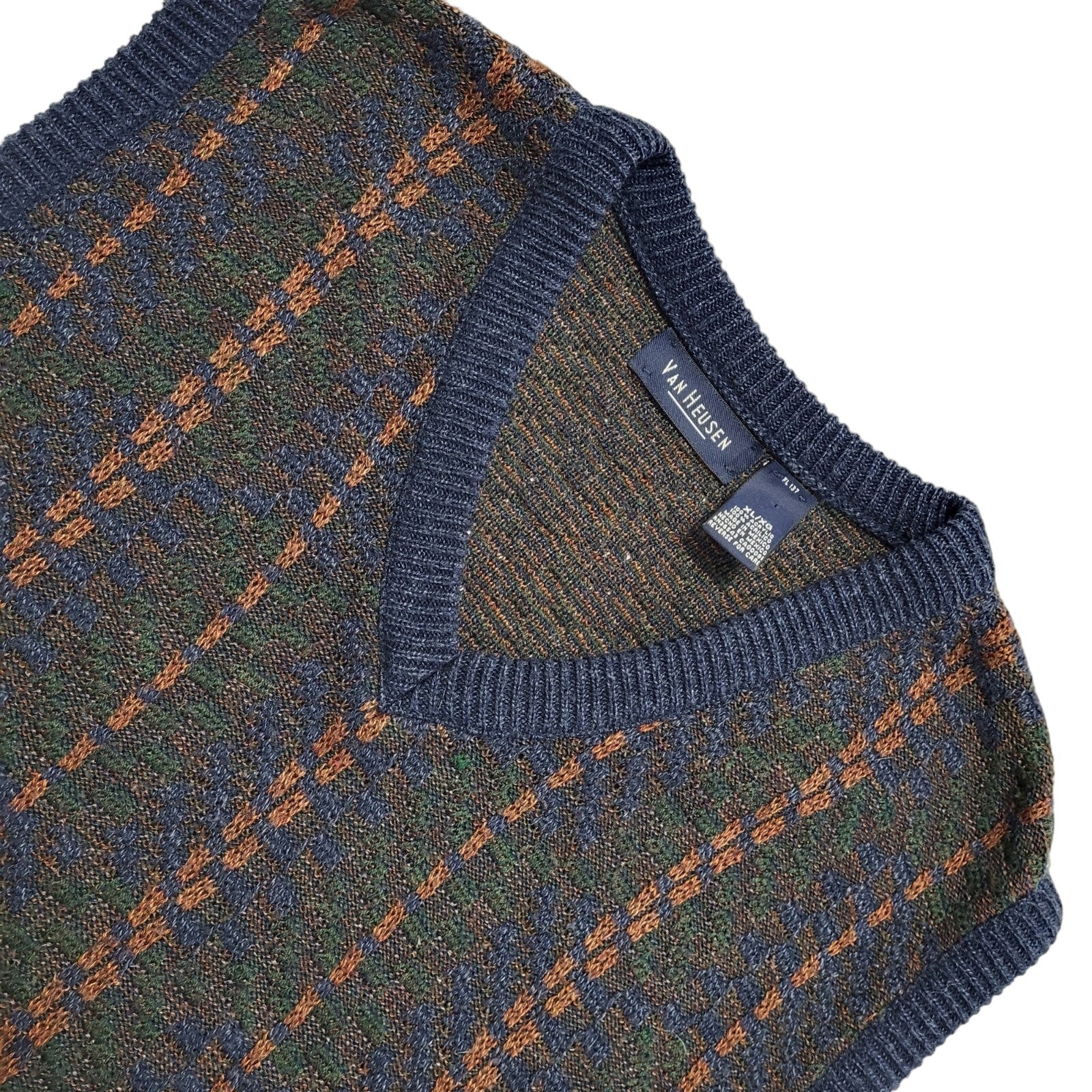Van Heusen Vintage 80's Green Blue Knit Acrylic Jumper Tank Top Men's Size XL