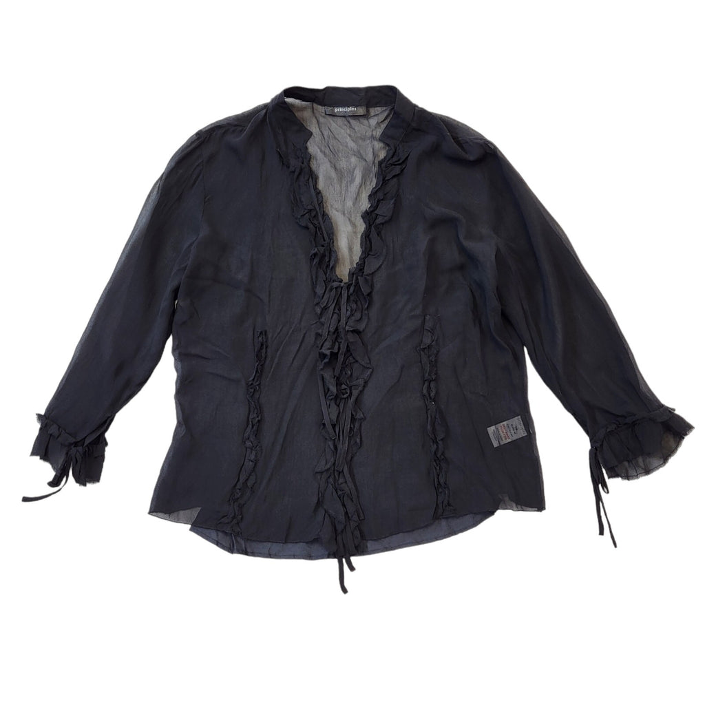 Principles Y2K Black Sheer Tie Front  Ruffle Blouse Women's 14